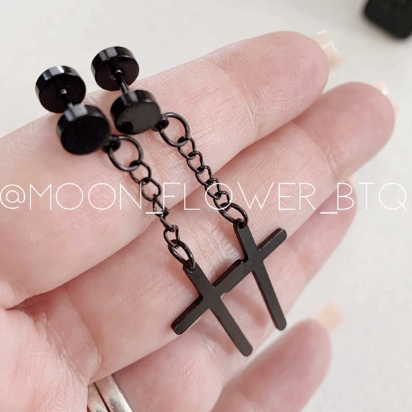 Black Stainless Steel Cross Barbell Earrings - Picture 3 of 7